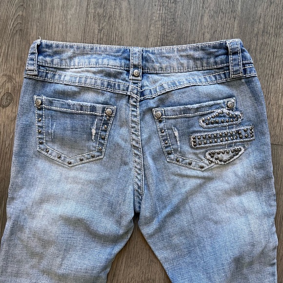 Harley Davidson distressed ripped low rise jeans. Gem and stud details. - Picture 3 of 15